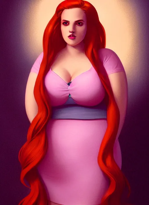 Image similar to full body portrait of teenage cheryl blossom, obese, bangs, sultry, realistic, red hair, sultry smirk, wavy hair, pink skirt, fat, belly, intricate, elegant, glowing lights, highly detailed, digital painting, artstation, concept art, smooth, sharp focus, illustration, art by wlop, mars ravelo and greg rutkowski