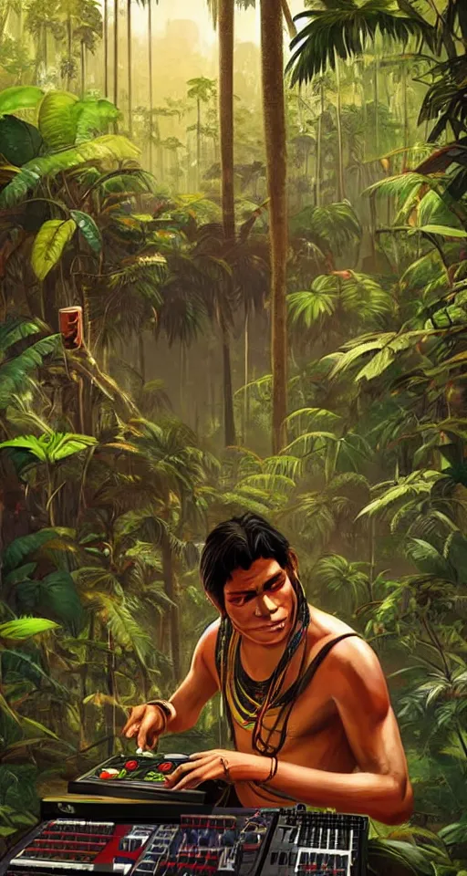 Prompt: highly detailed portrait of a an indigenous ecuadorian huaorani young man pushing buttons on a akai sampler in the jungle in gta v, loish, rhads. poster art by stephen bliss, unreal engine, greg rutkowski, ferdinand knab, makoto shinkai and lois van