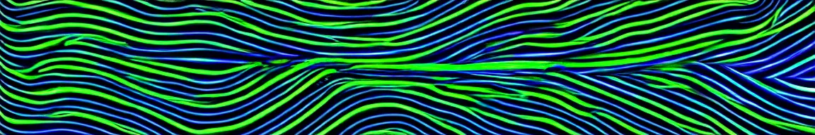 Image similar to abstract art representing signal waves trending toward the top - right and forming an inspired face, glowing blue and green neon streaks interwinding on a deep black background