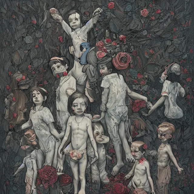 Image similar to a painting of the children of the grave by james jean, dark fantasy art, high detail, trending on artstation