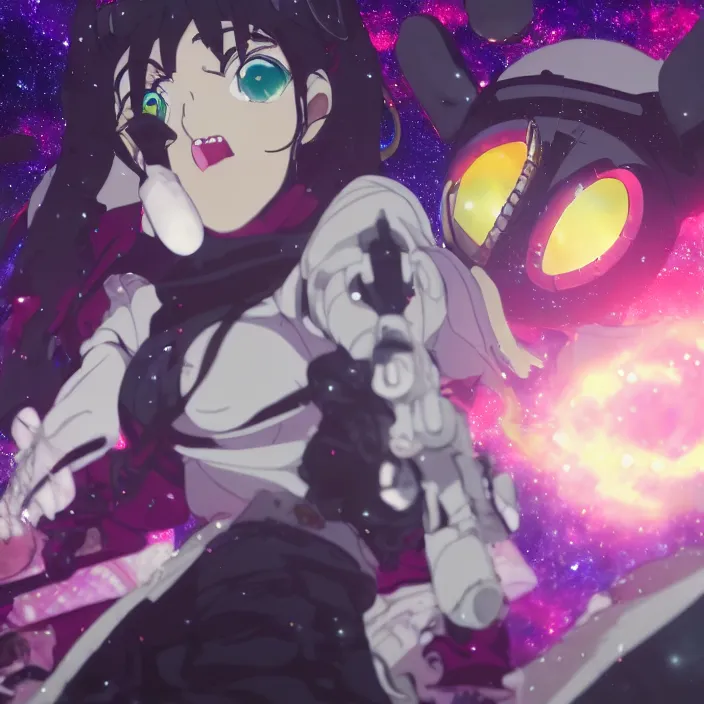 Image similar to close up of Albedo from overlord, close up of mamimi samejima from flcl, psychedelic background, epcot, inside a space station, eye of providence, female anime character, Ruan Jia, giygas