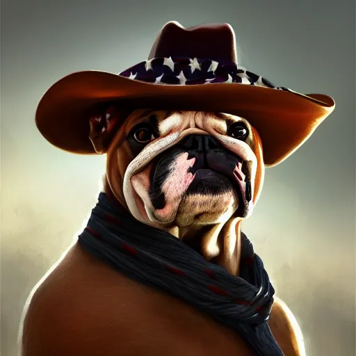 Prompt: a portrait of a bulldog with a cowboy hat on with an American flag scarf, D&D, sci-fi, elegant, hopeful, muscular, highly detailed, digital painting, artstation, concept art, smooth, sharp focus, illustration