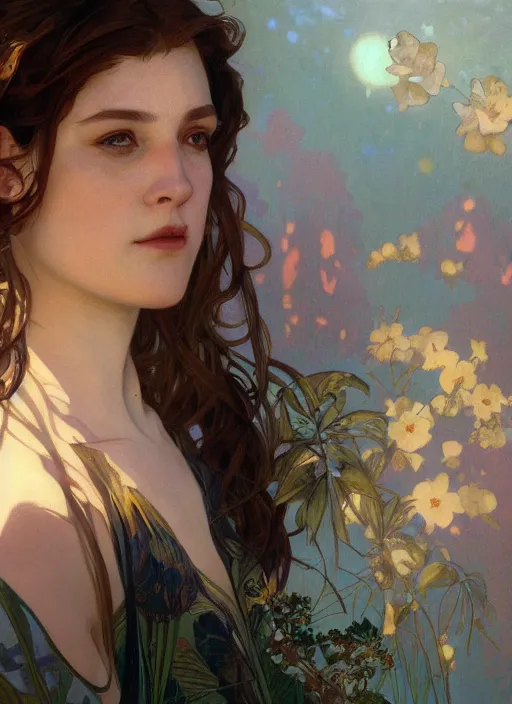 Prompt: Claire Elizabeth Cottrill wearing luxuruous hawaiian rayon shirt, rule of thirds, accurately portrayed, portrait art by alphonse mucha and greg rutkowski, highly detailed, digital painting, concept art, illustration, ethereal lighting with twilight rays of sunlight, trending on artstation, very detailed, smooth, sharp focus, octane render, close up