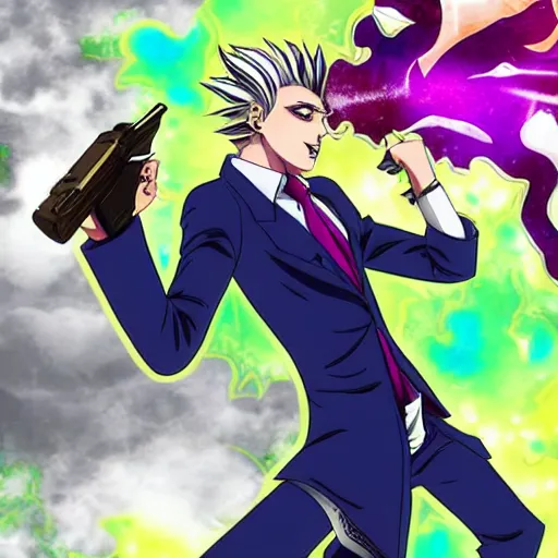 Image similar to kira yoshikage with a gun, high quality anime art