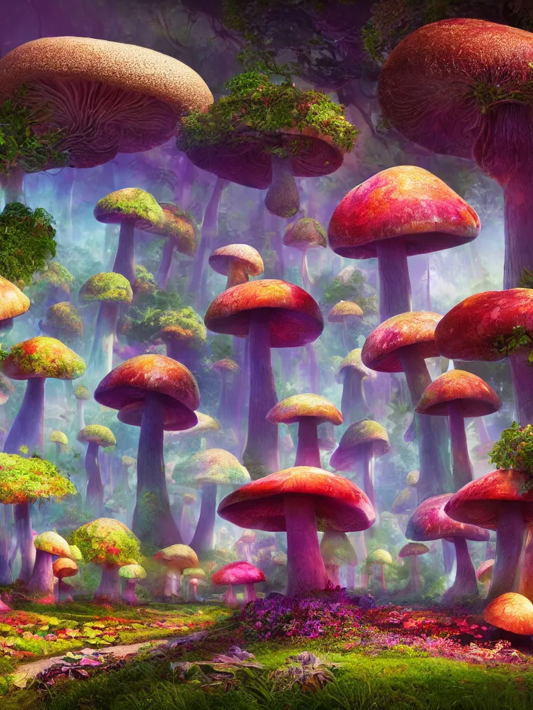 Prompt: a beautiful otherworldly fantasy landscape of giant mushroom trees forming canopies over bright colorful mythical floral plants, like alice in wonderland, rendering, cryengine, deep color, vray render, cinema 4 d, cgsociety, bioluminescent