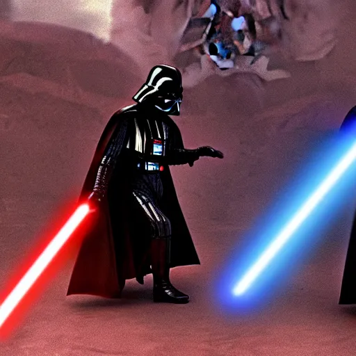 Image similar to darth vader lightsaber duel against anakin skywalker, dramatic lighting, epic scene