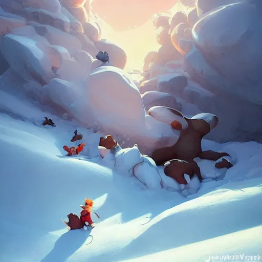 Prompt: snow avalanche, dramatic, cool shadows, warm light, cute, by disney, animation art - perfect global illumination, illustration, romantic painting, centered composition, by jesper ejsing, by rhads, makoto shinkai and lois van baarle