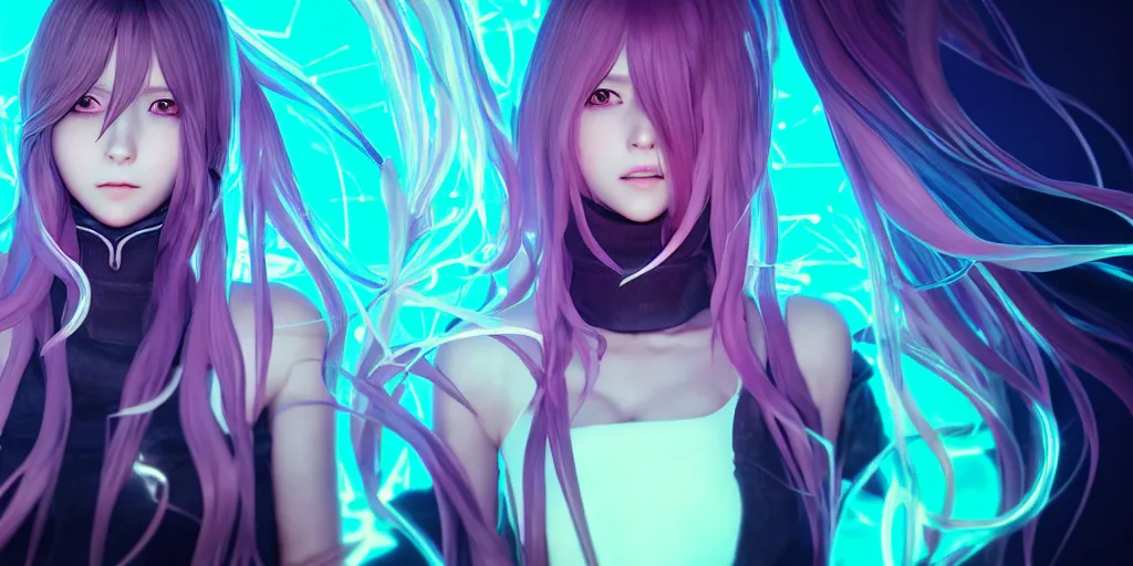 Prompt: beautiful portrait of a woman with pastel long hair floating in the air with her eyes open facing the camera hands forward centered with studio headphones on in the style of a code vein character, momo from twice in code vein in the style of WLOP, artgerm, yasutomo oka, rendered in unreal engine and redshift octane , background is surrounded by epic neon glitch effect digital art dynamic dramatic lighting, soft lighting, imagine fx, artstation, cgsociety, by Bandai Namco artist,