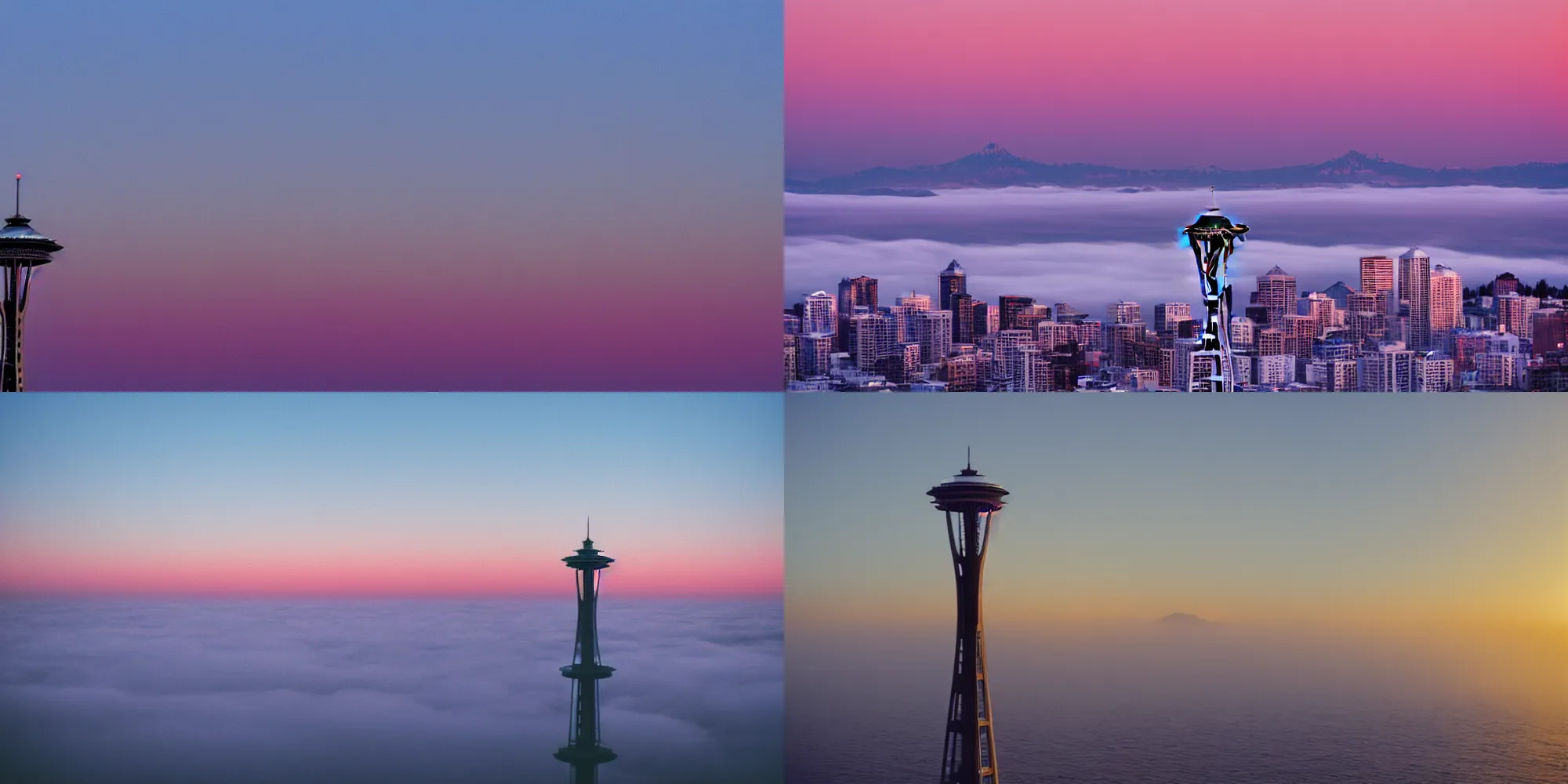 Prompt: a photo of the Seattle Space Needle in the middle of the ocean, fog surrounding it, sunset, atmospheric, cinestill