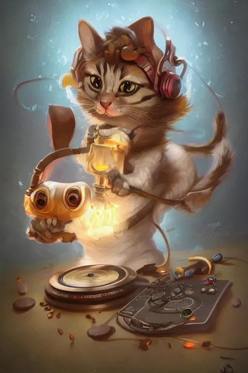 Image similar to cute anthropomorphic stray cat dj vinyl records, baby animal, cute and adorable, pretty, beautiful, art portrait, matte fantasy painting, Cg society Artstation, by Jason Felix by Steve Argyle by Tyler Jacobson by Peter Mohrbacher, cinematic lighting