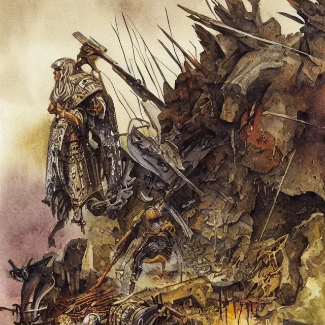 Prompt: “Warrior at the End of Time, a watercolour illustration by John Blanche”