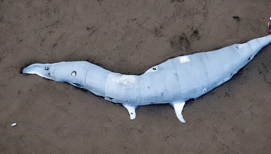 Prompt: astronaut suit in the shape of a whale, washed up on the beach. cnn news footage taken from above.