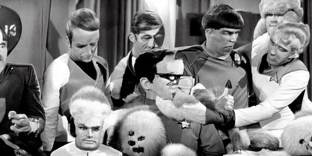 Image similar to a scene from Trouble with Tribbles, an episode of the original Star Trek series