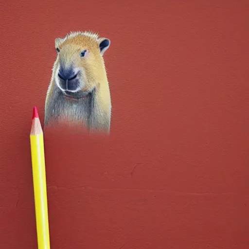 Prompt: a capybara using a red pencil to draw a bicycle on a wall