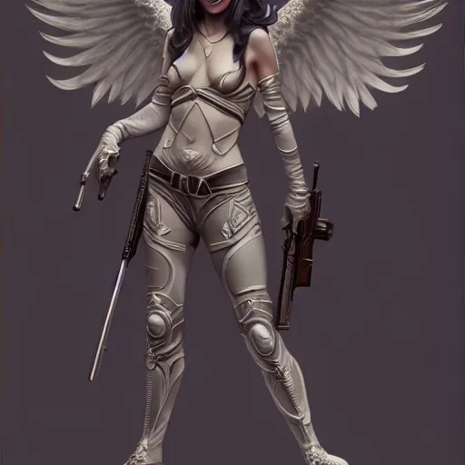 Image similar to fullbody!! female fantasy angel with a shotgun trending on artstation, smooth and sharp, intricate, fine details, elegant, dynamic pose, detailed and intricate environment, professional by tatyana kupriyanova and greg rutkowski and raymond swanland