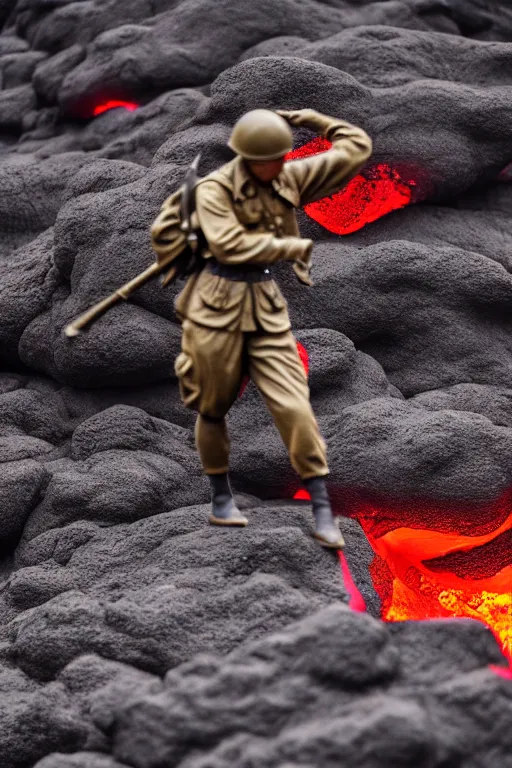 Image similar to japan world war soldier swimming on lava mountain, - photorealistic, smooth, aesthetic lighting, baroque object, pullitzer winning, photo by : canon eos 5 d mark iv, versatile, lens interoperability, autofocus, 4 k uhd video capture at 3 0 fps, 8 k time - lapse functions, by karah mew and adnan abidi