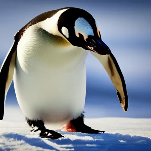 Image similar to hyperrealistic photo of a penguin with dangerous tusks, an arctic wildlife photographer's picture, extremely detailed feathers, impressive shading, snowscapes in the background