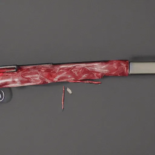 Prompt: a rifle made of red raw flesh and bone, visceral