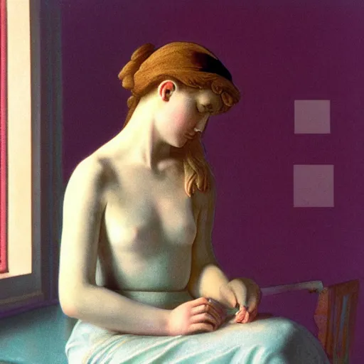 Image similar to close - up of a girl in a soviet room, film still by wes anderson, depicted by canova, limited color palette, very intricate, art nouveau, highly detailed, lights by hopper, soft pastel colors, minimalist