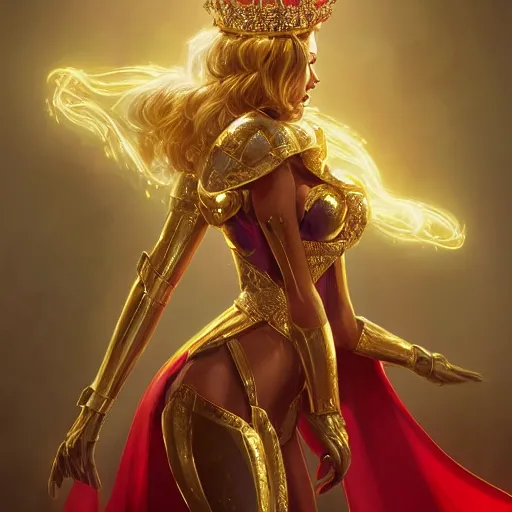 Prompt: a portrait of a beutifull women , golden armor with diamonds , bright red cape on her back , red puppils , queen crown on top of her head , fantasy , artstation , by wlop , ross tran, peter xiao , dao lee