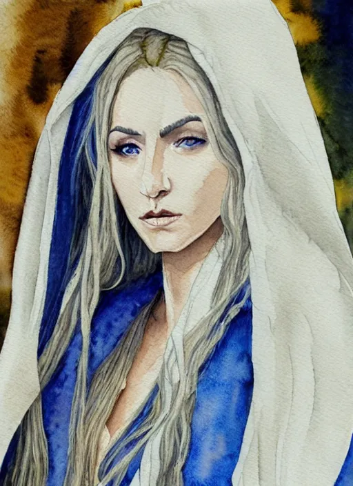 Prompt: watercolour of a female elven wizard with long wavy blond hair in a cloak, fantasy, hyperrealism