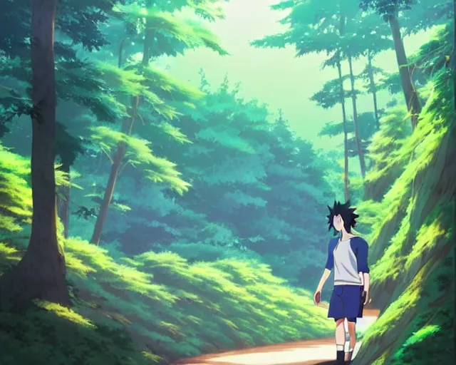 Prompt: sasuke uchiha, forest in background, bokeh. anime masterpiece by Studio Ghibli. illustration, sharp high-quality anime illustration in style of Ghibli, Ilya Kuvshinov, Artgerm