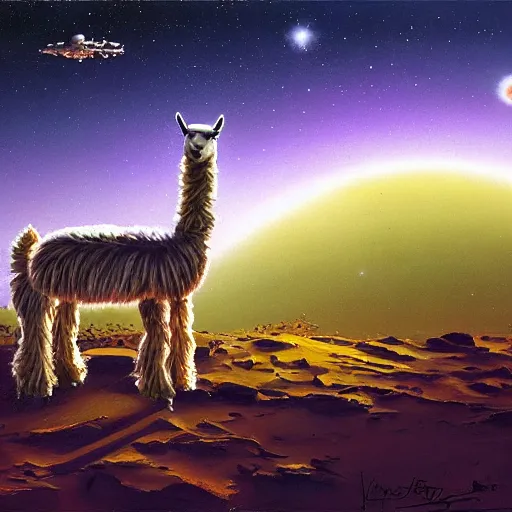 Prompt: llama with dreadlocks, desert, starfall in the night sky, hyper-realistic, 4k, by John Berkey