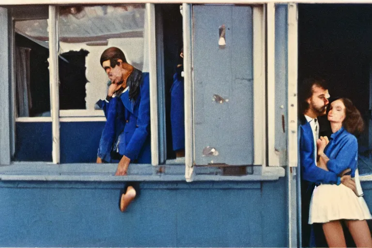 Image similar to film photography, 35mm, 1970s, no faces, no portraits, close-up love and romantic in blue colors feeling of young and freedom, in style of Joel Meyerowitz