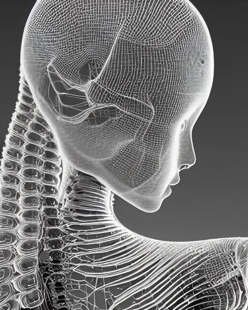 Prompt: mythical dreamy black and white organic translucent bio-mechanical spinal ribbed profile face portrait detail of mechanical beautiful female angelic-snowy-human-cyborg, highly detailed, intricate crystal jelly steampunk ornate, poetic, 3D render, digital art, octane render, 8K artistic photography, photo-realistic, by Dora Maar