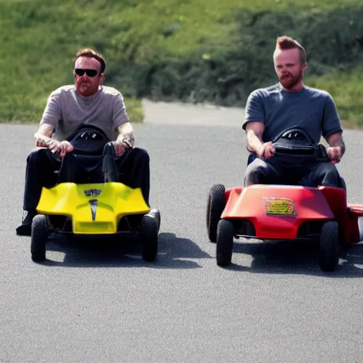 Image similar to Bryan Cranston and Aaron Paul in go karts