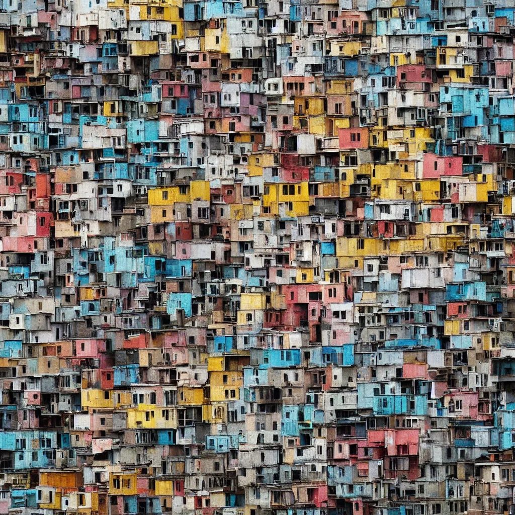 Image similar to close - up view of a tower made up of colourful makeshift squatter shacks, bleached colours, moody cloudy sky, dystopia, mamiya, f 1 1, very detailed, photographed by bruno barbey