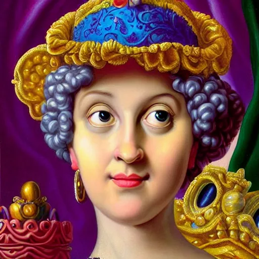 Prompt: baroque rococo painting The Queen of Cake portrait Greg Hildebrandt Lisa Frank high detail