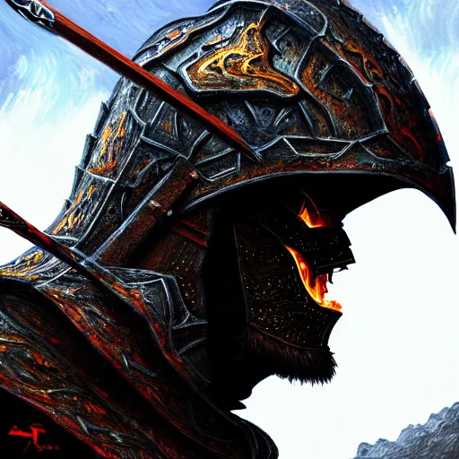 Image similar to realistic side view painting of the king of the mountain, angry, black iron armour, sword, lava, dramatic lighting, intricate, wild, highly detailed, digital painting, artstation, concept art, smooth, sharp focus, illustration