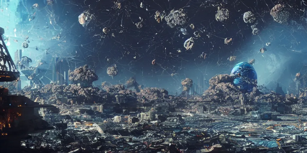 Prompt: shot from a distance of 2 5 0 million miles. a highly accurate depiction of earth slowly broken open, exploding, and pieces are floating apart. florida cyberpunk crab descendants bigger than the earth are smushing it in their massive claws. dramatic lighting, highly coherent, highly detailed, epic, digital art, valerian, silent running, fifth element, octane 3 d render.