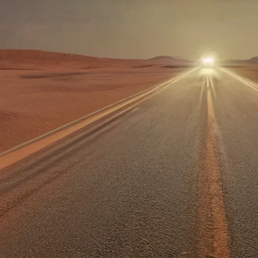 Prompt: movie screenshot of Elon Musk driving a car in the night in the Sahara desert