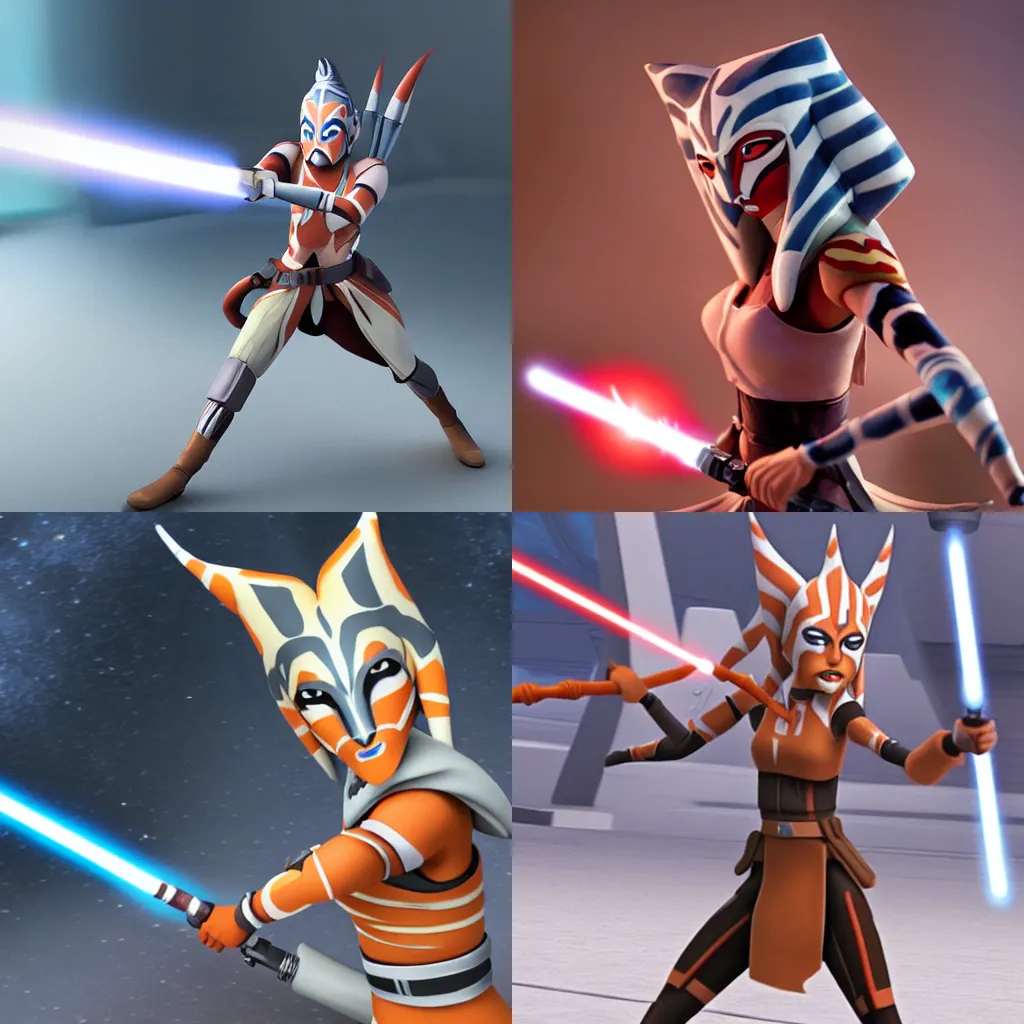 Prompt: Photo of Star War Ahsoka Tano, still photo action shot