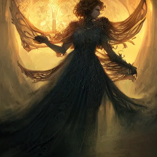 Prompt: rothfuss fantasy book cover illustration style, gorgeus magician glowing, intricate, elegant, highly detailed, trending on artstation, concept art, smooth, sharp focus, 8 k 3 d, dramatic volumetric lighting, inner glow, art by tian zi and artgerm and and xiaoguang sun