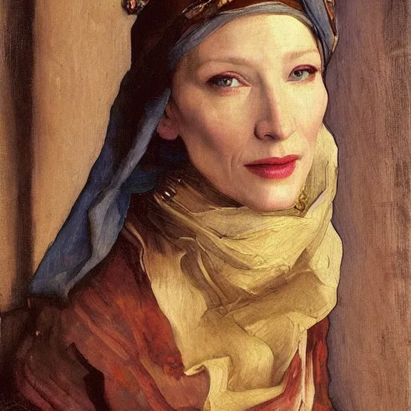 Image similar to cate blanchett by Annie Swynnerton and Nicholas Roerich and Vermeer, strong dramatic cinematic lighting, ornate headdress, lost civilizations, smooth, sharp focus, extremely detailed