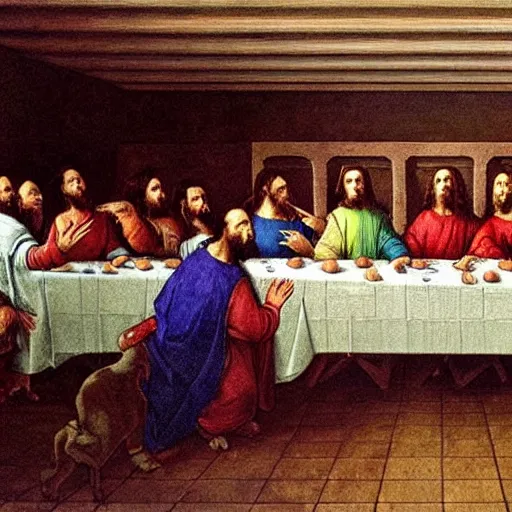 Prompt: nic cage in the last supper as painted by da vinci