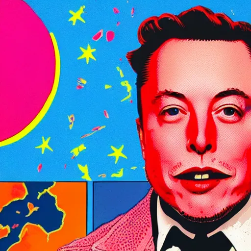 Prompt: the portrait of euphoric and excited elon musk feeling optimistic about our planet's future. screaming with joy. colorful pop art, modern art, by andy warhol