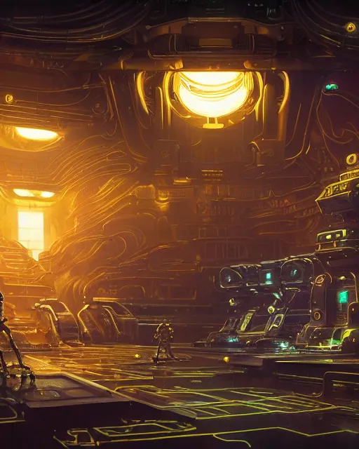 Image similar to cult of technology, exterior of scifi temple, machines, robots, ultra realistic, golden computers, highly detailed, atmosphere, masterpiece, epic lighting, glowing wires, transparent objects, mysterious, highlighted, 4 k, cinematic, art by patryk olkiewicz and chris ostrowski and liang yao