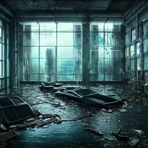 Image similar to flooded, desecrated, abandoned, no windows, cyberpunk science lab, ultra realistic, concept art, intricate details, eerie, highly detailed, photorealistic, octane render, 8 k, unreal engine, art by ben evrard