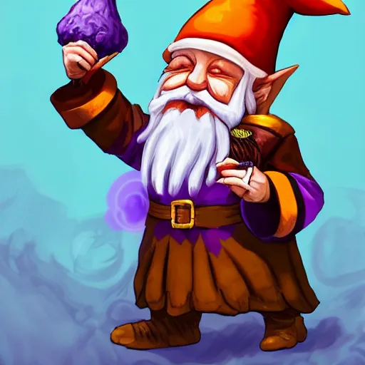 Image similar to gnome archmage wearing purple robes, a floppy wizard hat, and smoking a pipe artstation