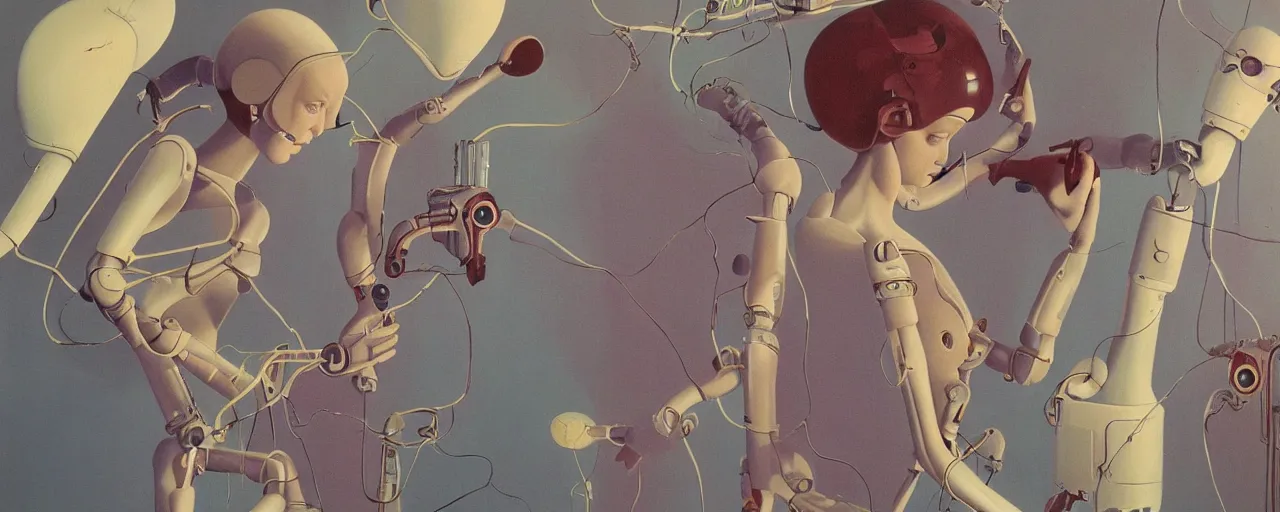 Prompt: a portrait of female young robotic ai artist painting onto a canvas in FANTASTIC PLANET La planète sauvage animation by René Laloux