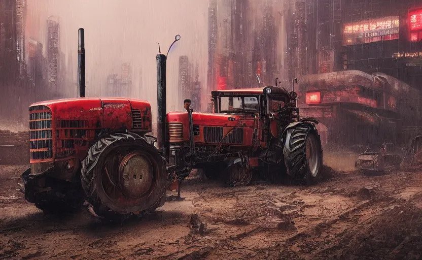 Image similar to a highly detailed beautifuly rendered, tractor that pulls a tank, thick dust and red tones, bladerunner, cyberpunk, lost city, hyper - realistic environment, epic concept art