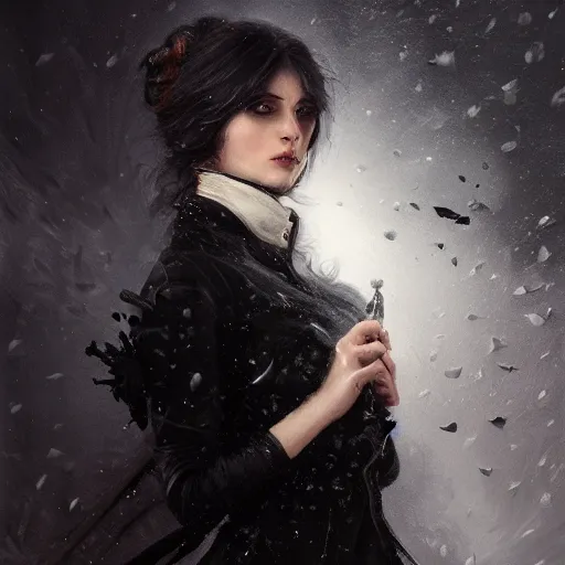 Prompt: furious dark haired women, wearing black coat, black makeup, ice mage, shooting ice, oil painting, by karl spitzweg, fantasy artwork, fantastic artwork, 4 k, trending on artstation