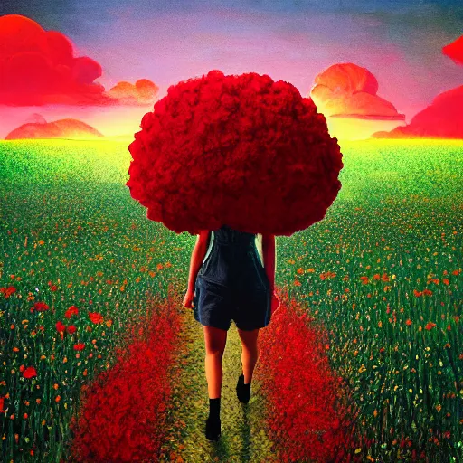 Prompt: giant red flower afro, full body, girl walking in the middle of a field with flowers, surreal photography, hills, sunrise dramatic light, impressionist painting, colorful clouds, digital painting, pointillism, artstation, simon stalenhag