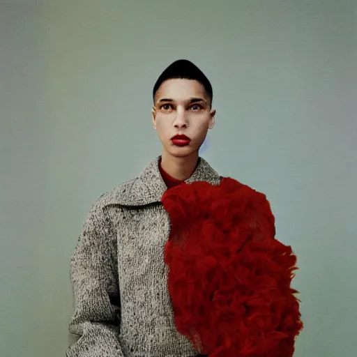 Image similar to realistic photoshooting for a new balenciaga lookbook, color film photography, portrait of a beautiful woman, by photo in style of Tyler Mitchell, wes anderson, Julia Hetta, Tim Walker, Petra Collins, 35mm,