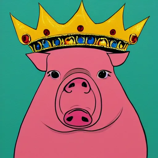 Prompt: pig wearing a simple gold crown in the style of peter max