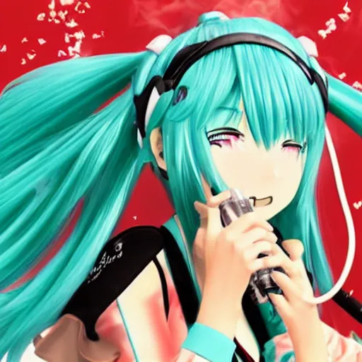 Image similar to hatsune miku getting high by smoking weed with a vape pen, smoke everywhere